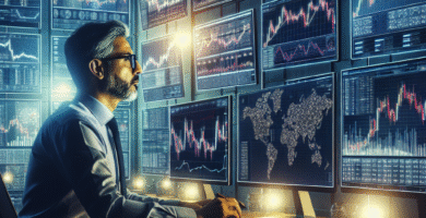 A dynamic trading desk scene: multiple screens showing altcoin price charts, order books and candlesticks, with a trader analyzing data; modern, high-contrast, tech-focused aesthetic.