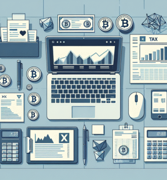 A modern, professional illustration of a laptop showing cryptocurrency charts and tax forms, with altcoin logos and neat paper receipts on a desk, clean flat style
