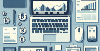 A modern, professional illustration of a laptop showing cryptocurrency charts and tax forms, with altcoin logos and neat paper receipts on a desk, clean flat style