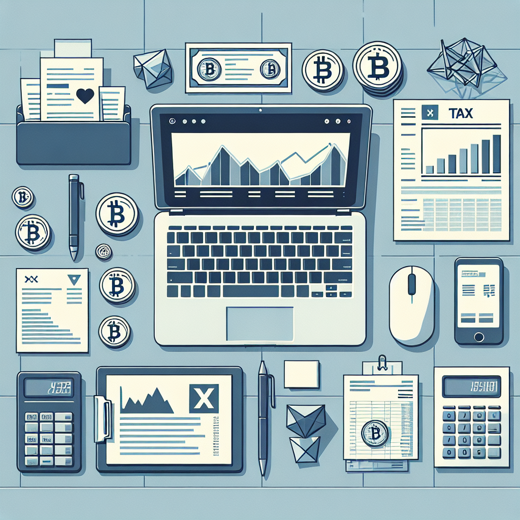 A modern, professional illustration of a laptop showing cryptocurrency charts and tax forms, with altcoin logos and neat paper receipts on a desk, clean flat style