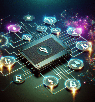 A sleek hardware crypto wallet on a dark surface surrounded by colorful altcoin icons and glowing network lines, modern high-detail illustration