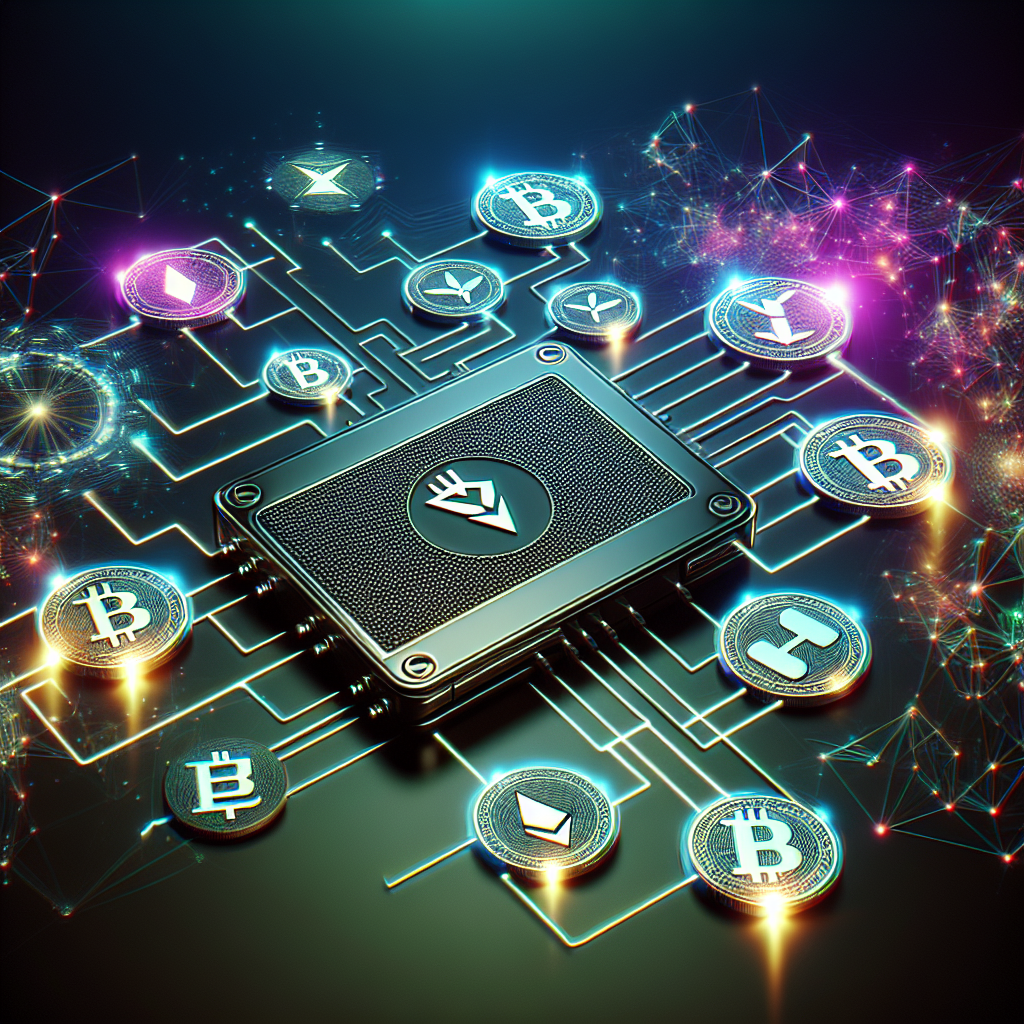 A sleek hardware crypto wallet on a dark surface surrounded by colorful altcoin icons and glowing network lines, modern high-detail illustration