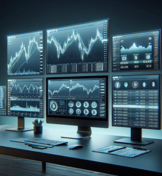 Modern trading desk with multiple screens showing altcoin charts, CFD order tickets, and neutral blue-green color grading, professional, clean composition