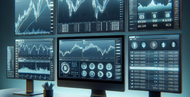 Modern trading desk with multiple screens showing altcoin charts, CFD order tickets, and neutral blue-green color grading, professional, clean composition