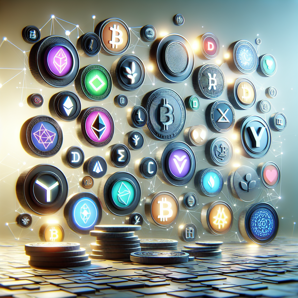 High-resolution modern illustration of colorful NFT tokens floating above various altcoin symbols and crypto wallets on a clean marketplace background