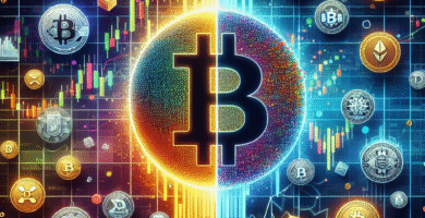A modern digital artwork showing a split composition: on one side colorful altcoin symbols and charts, on the other side diverse NFT artworks floating as tokens above a blockchain grid; clean, professional, high-resolution