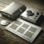A high-contrast photo of a printed cryptocurrency paper wallet with QR codes on durable paper, placed next to a small safe and a hardware wallet on a wooden table, soft studio lighting