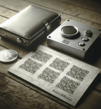 A high-contrast photo of a printed cryptocurrency paper wallet with QR codes on durable paper, placed next to a small safe and a hardware wallet on a wooden table, soft studio lighting