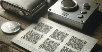 A high-contrast photo of a printed cryptocurrency paper wallet with QR codes on durable paper, placed next to a small safe and a hardware wallet on a wooden table, soft studio lighting