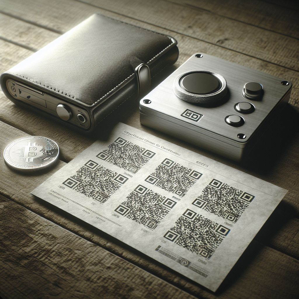 A high-contrast photo of a printed cryptocurrency paper wallet with QR codes on durable paper, placed next to a small safe and a hardware wallet on a wooden table, soft studio lighting
