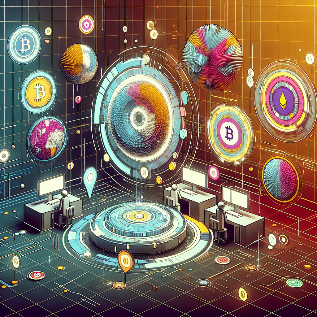 A modern digital marketplace scene showing stylized NFT artworks and colorful altcoin tokens interacting on a user interface, vibrant and futuristic
