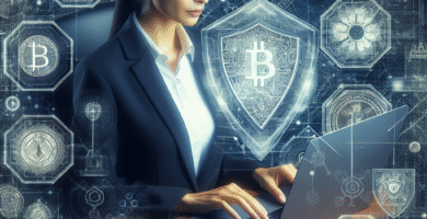 A professional, modern illustration showing a person reviewing crypto compliance on a laptop with altcoin icons, legal documents, and a shield symbolizing regulation and security