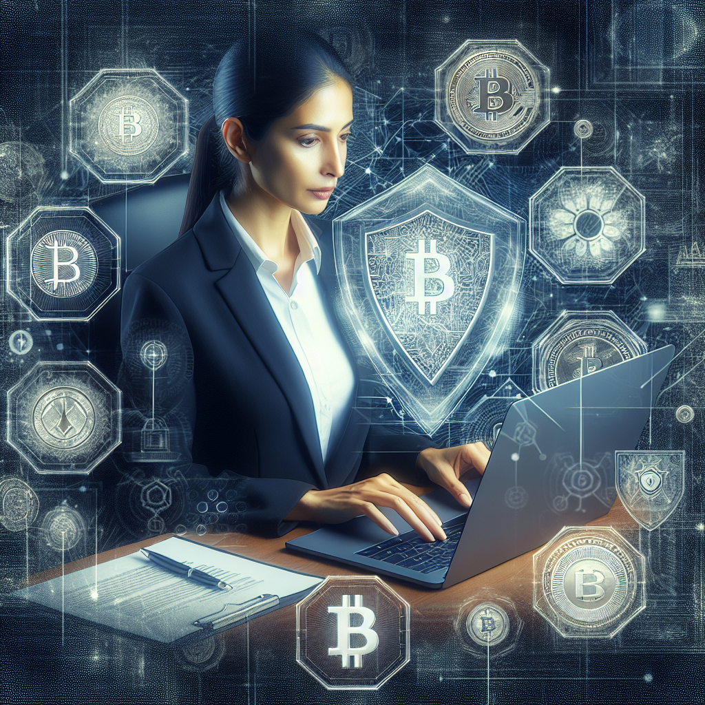A professional, modern illustration showing a person reviewing crypto compliance on a laptop with altcoin icons, legal documents, and a shield symbolizing regulation and security