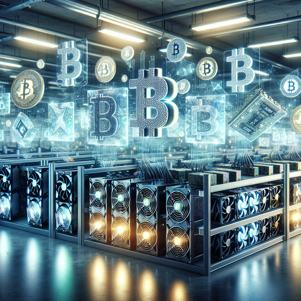 A modern Bitcoin mining rig in a clean industrial space with GPUs and ASICs, highlighted LEDs, and graphical overlays showing BTC converting into various colorful altcoin icons