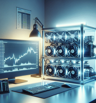 A modern mining rig in a clean, well-cooled room with GPUs glowing, charts of altcoin prices on a monitor, and a compact checklist on a desk — tech-focused, high-detail, professional lighting