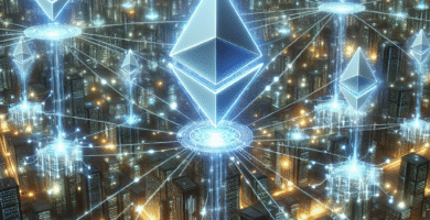 A high-resolution conceptual image of Ethereum network: glowing nodes and smart contracts connected over a digital cityscape, illustrating tokens and security for altcoin buyers.