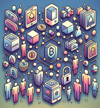 A modern digital illustration of decentralized applications: a stylized blockchain network with app icons, tokens, a secure hardware wallet, and abstract users interacting, high-resolution