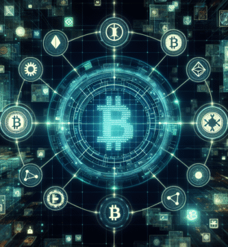 Modern digital art showing Bitcoin and multiple altcoin symbols orbiting a glowing blockchain grid, clean blue-green color palette, high-tech financial theme