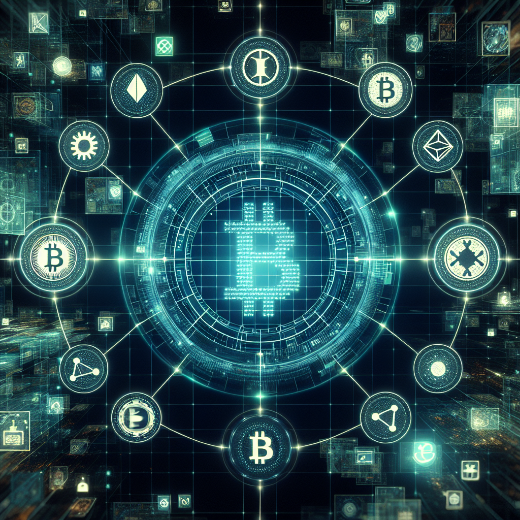 Modern digital art showing Bitcoin and multiple altcoin symbols orbiting a glowing blockchain grid, clean blue-green color palette, high-tech financial theme